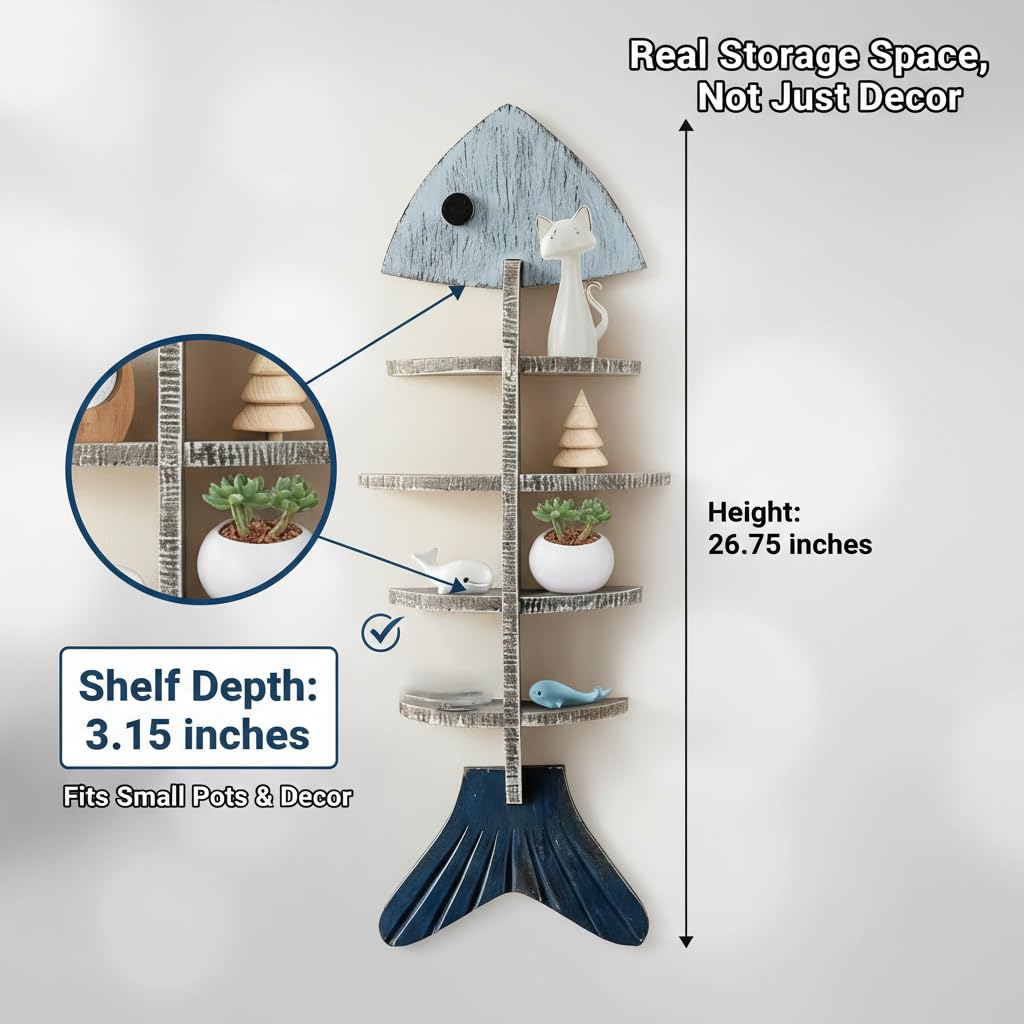 XYZWOMN Fish Bone Wall Decor Display Shelf, Mediterranean Style Wooden Coastal Wall Art, Rustic Nautical Marine Hanging Organizer for Beach House, Bedroom, Unique Ocean Theme Decoration