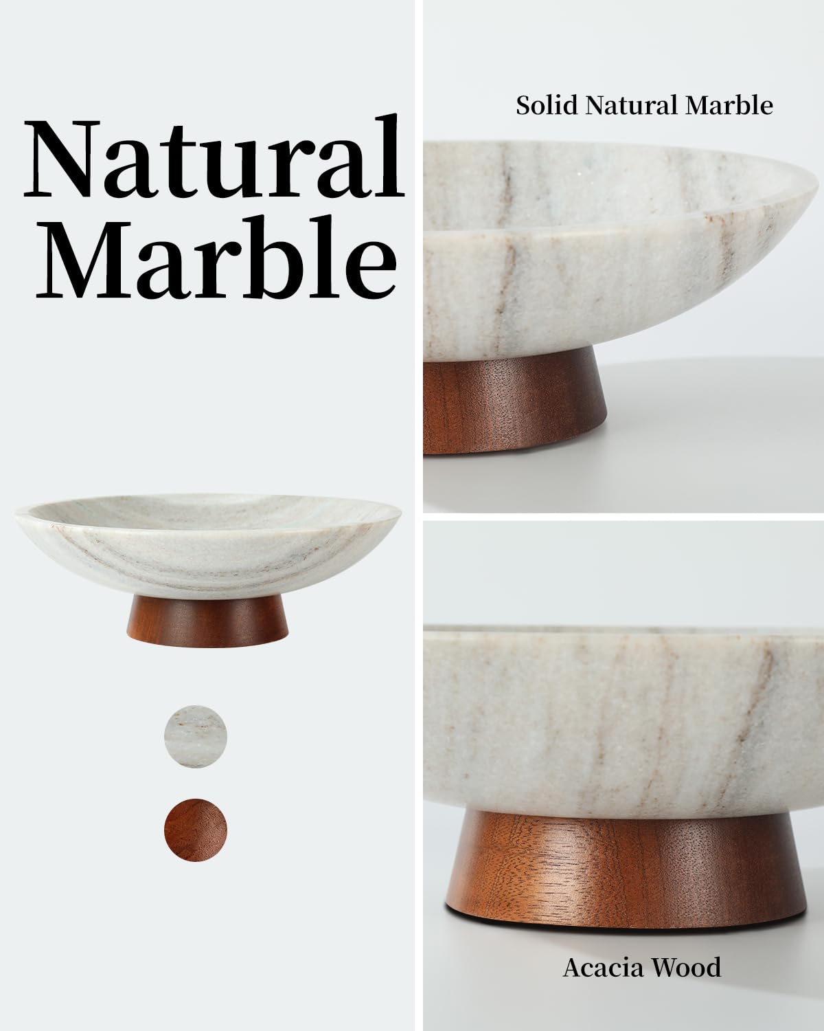 RGBDOT Marble Decorative Bowl, 11” Large Centerpiece for Table, Fruit Bowl for Kitchen Counter, Coffee Table or Entryway Decor, Natural Marble with Wood Base, Housewarming Gift - Gray