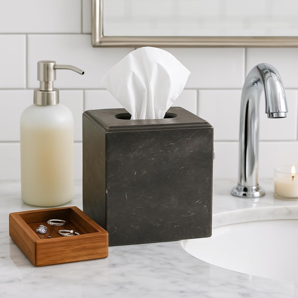 Creative Home Natural Charcoal Marble Square Tissue Box Cover, Dark Grey
