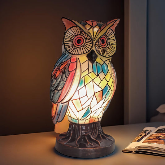 Owl Lamp Tiffany Style Stained Vintage Resin Colorful Tiffany Owl Table Lamps for Bedroom Living Room Nursery Office, Whimsical Animal Desk Lamp, Birthday Gifts for Girl Mother Grandmother Woman.