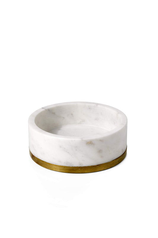 Serene Spaces White Marble Bowl with Brass Ring - Decorative Multi-Purpose Centerpiece and Fruit Bowl - Medium Size, 2" Tall x 6" Diameter