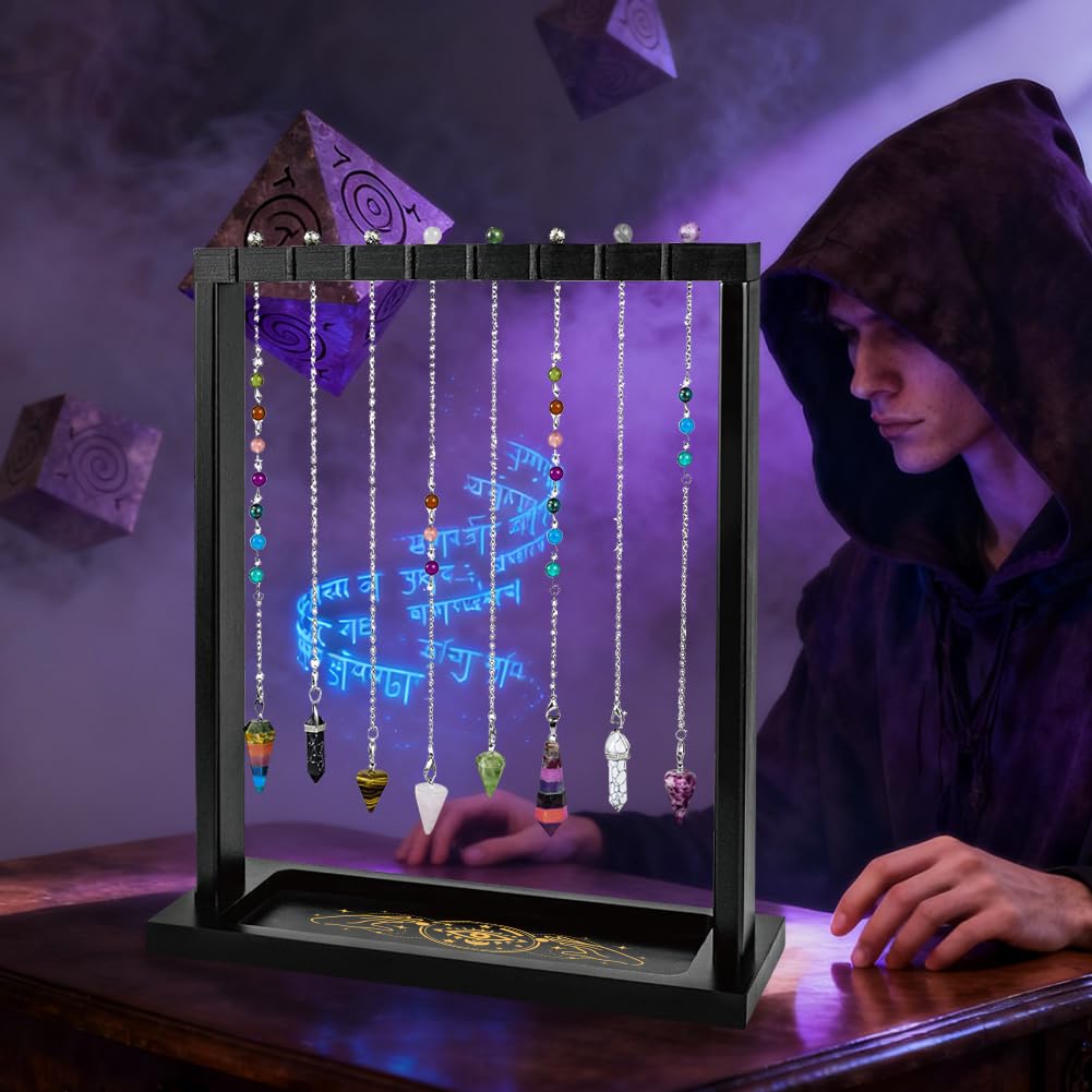 BEUNITONE Wooden Pendulum Crystal Display Holder, Witchcraft Supplies Organizer with Devil's Eye Pattern Tray, Pendulum Board Stand for Witchy Accessories, Wiccan Decor for Living Yoga Meditation Room