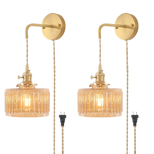 Shenmoyl Vintage Wall Sconce with Amber Striped Glass Shade Hanging Wall Sconce with 4.9FT Plug in Cord, Modern Wall Lamp Fixtures Decor for Bedside Bedroom Indoor Doorway, Set of 2