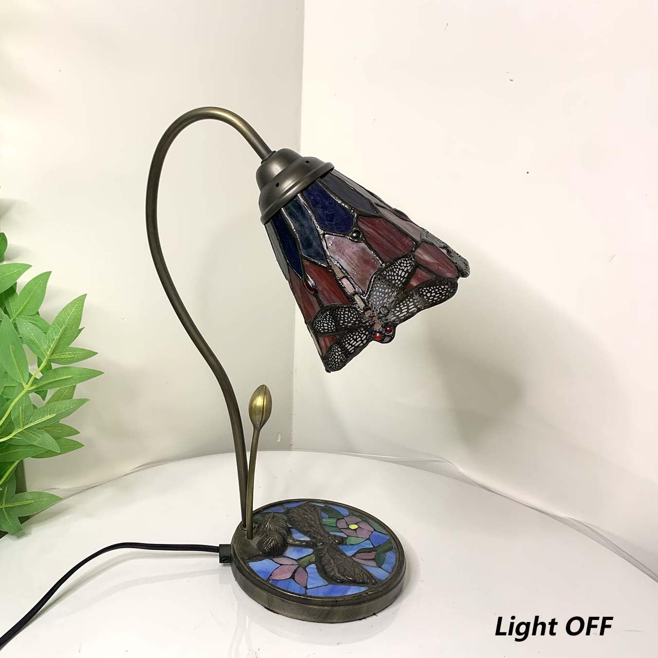 Bieye L10929 Tiffany Style Stained Glass Dragonfly Table Lamp with Mosaic Flower Base for Home Decor