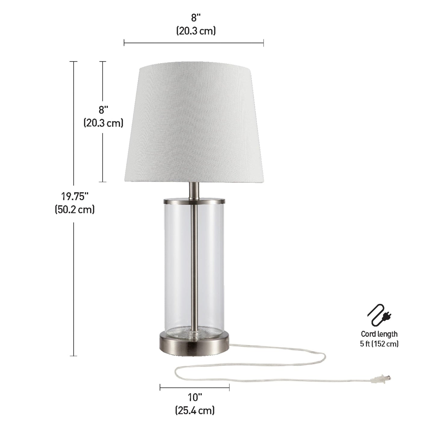 Globe Electric 67155 Maya 21" Fillable Table Lamp, Clear Glass and Steel Base, White Fabric Shade