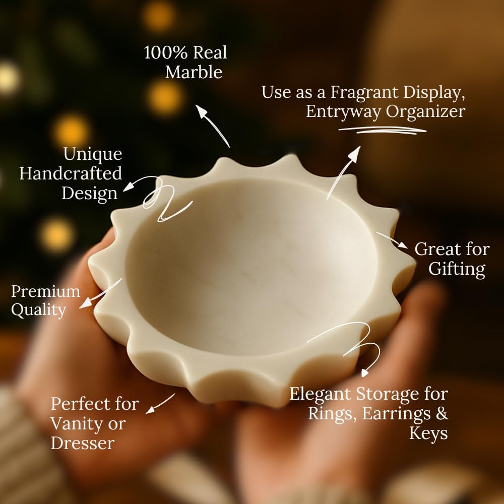 HandCrafted Marble Large Decorative Bowl | White Decorative Bowl for Home Decor | Fruit Bowl | Key/Ring Dish | Coffee Table Bowl | Fluted Scalloped Catch All Bowl for Entryway | Ideal Gift (6 Inches)