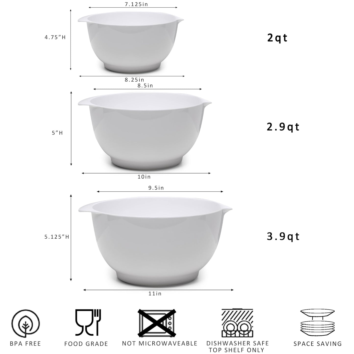 ZAROCRUS Nesting Mixing Bowls Set, 3 Piece Melamine Bowls Set, 2.5 quart, 3.5 quart, 4.5 quart, Non Slip Base with Easy Pour Spout, Kitchen Cooking and Baking Supplies, White