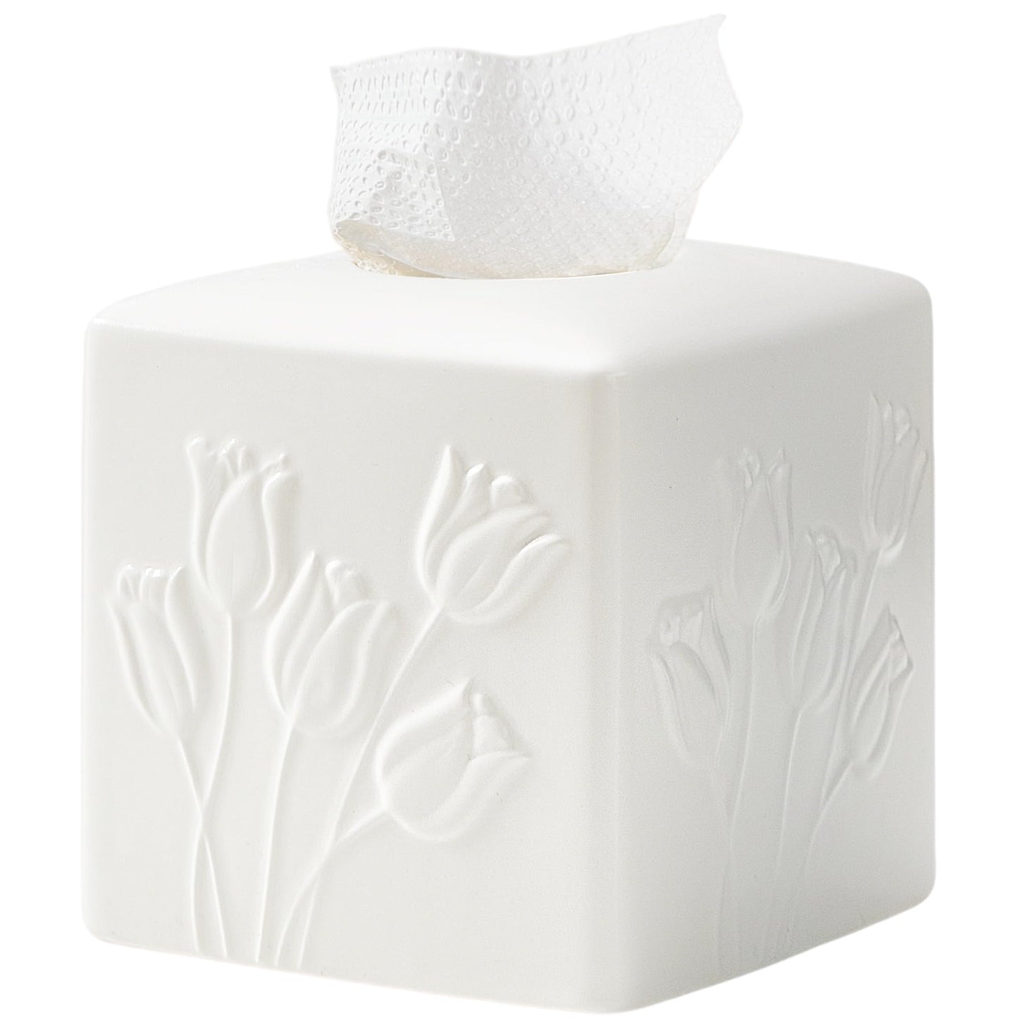 White Ceramic Tulips Tissue Box Cover - Modern Square Decorative Organizer for Facial Tissues, Farmhouse Style Home Decor for Bathroom, Bedroom, Living Room & Office