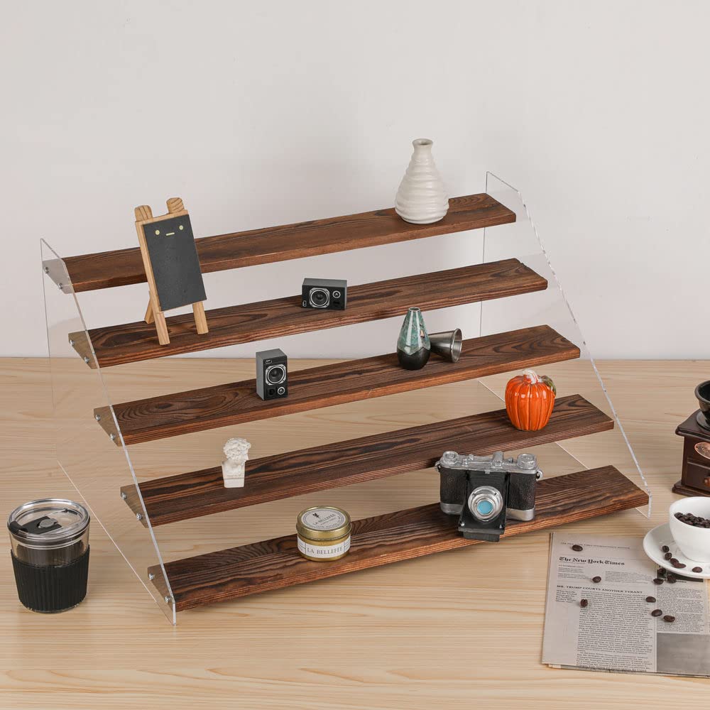 PACKGILO 1 PACK Extra Large 5 Steps Display Shelf Stand 24*17*12 inches Clear Acrylic Riser Shelves Wood Acrylic Storage for Figure Collection Cupcake Desserts Holder Cologne Organizer for Men (Brown)