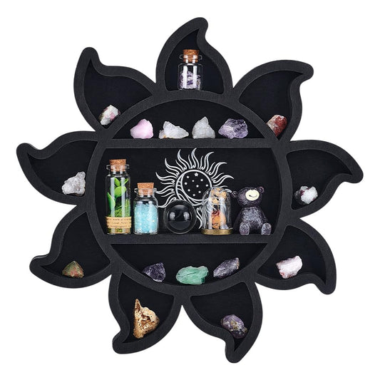 peacoblue Sun Flower Crystal Display Shelf Wall - 11.8×11.8×1.12" Wooden Wall Decor Art Hanging Case with 3-Layer Crystals Gem Stone Storage Organizer for Boho Witchy Home Decor or Modern Interiors