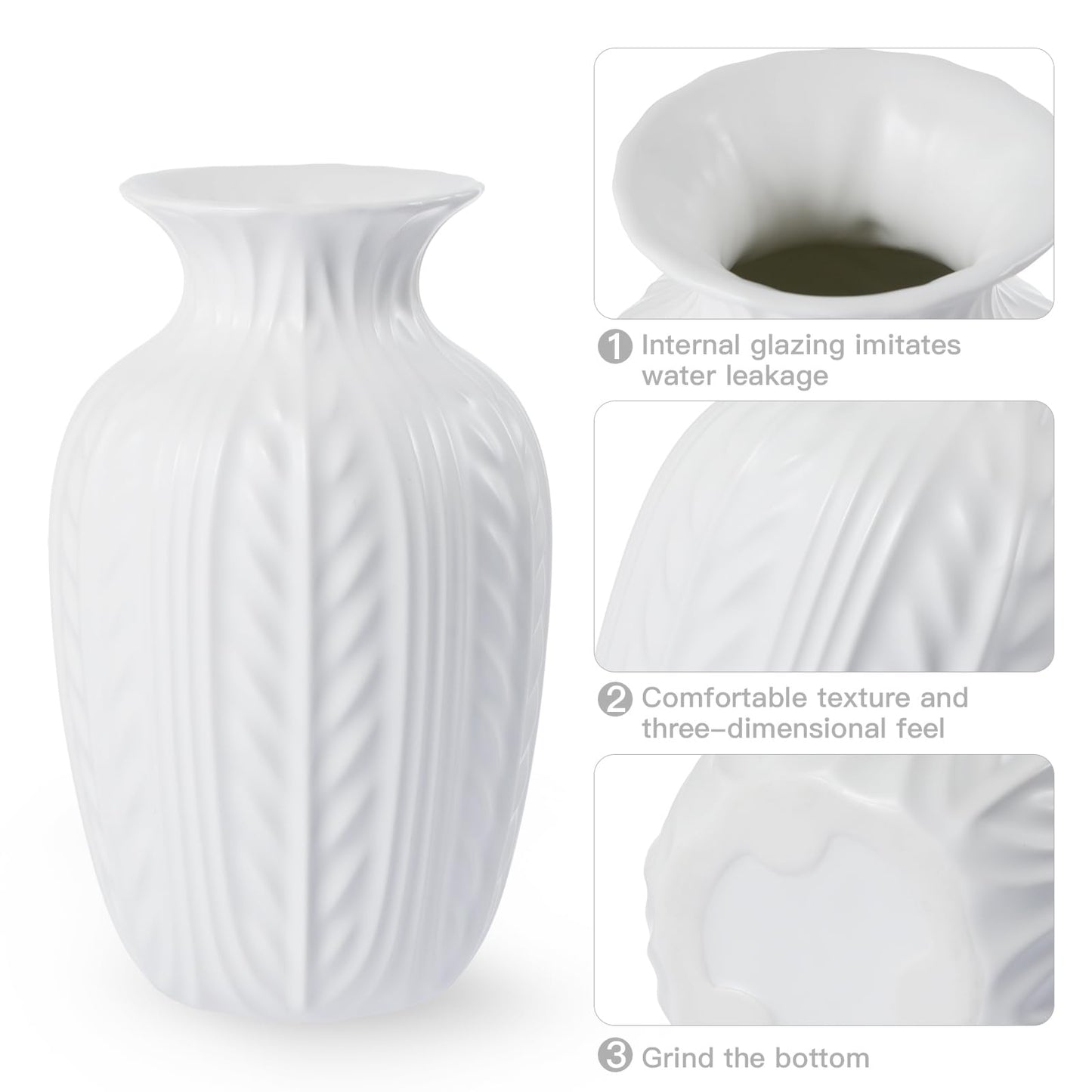Lvases 10in Wheat Textured White Ceramic Flowers Vase Modern Home Decor