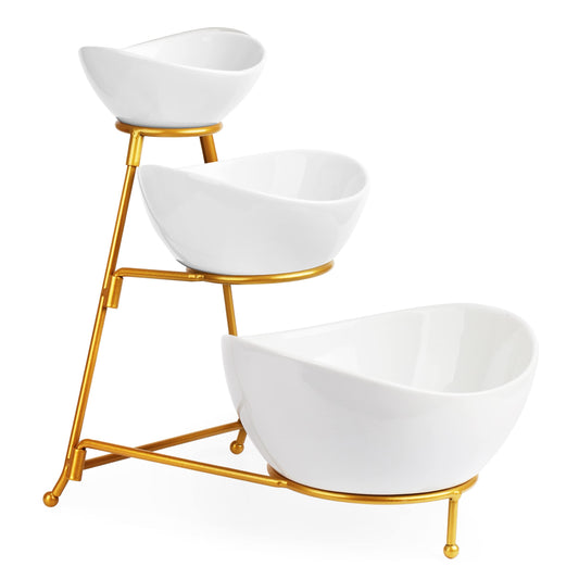 LAUCHUH 3 Tier Serving Stand Serving Dishes for Entertaining Porcelain Oval Bowl Set Tiered Serving Tray for Fruit, Vegetable, Nuts, Salad, Chip Dip Bowl Set for Father's Day, Gold