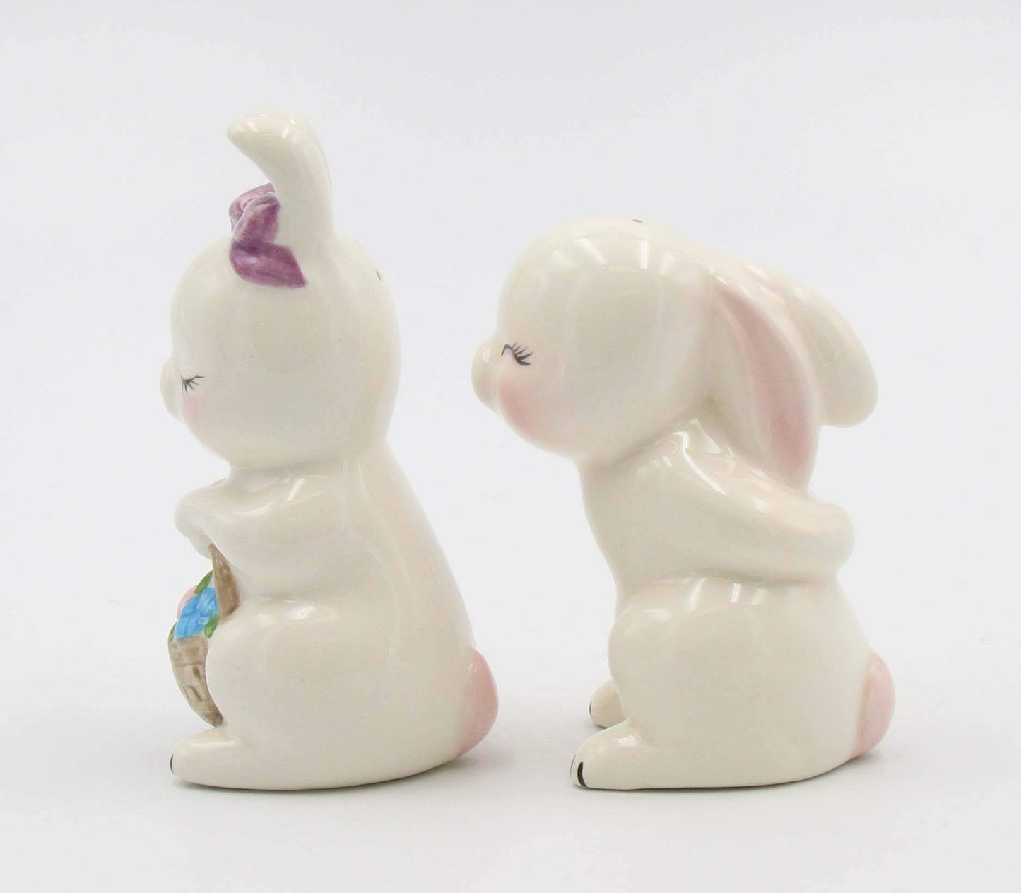 Fine Ceramic Kissing Bunny Rabbit Couple Salt & Pepper Shakers Set, 3-7/8" H