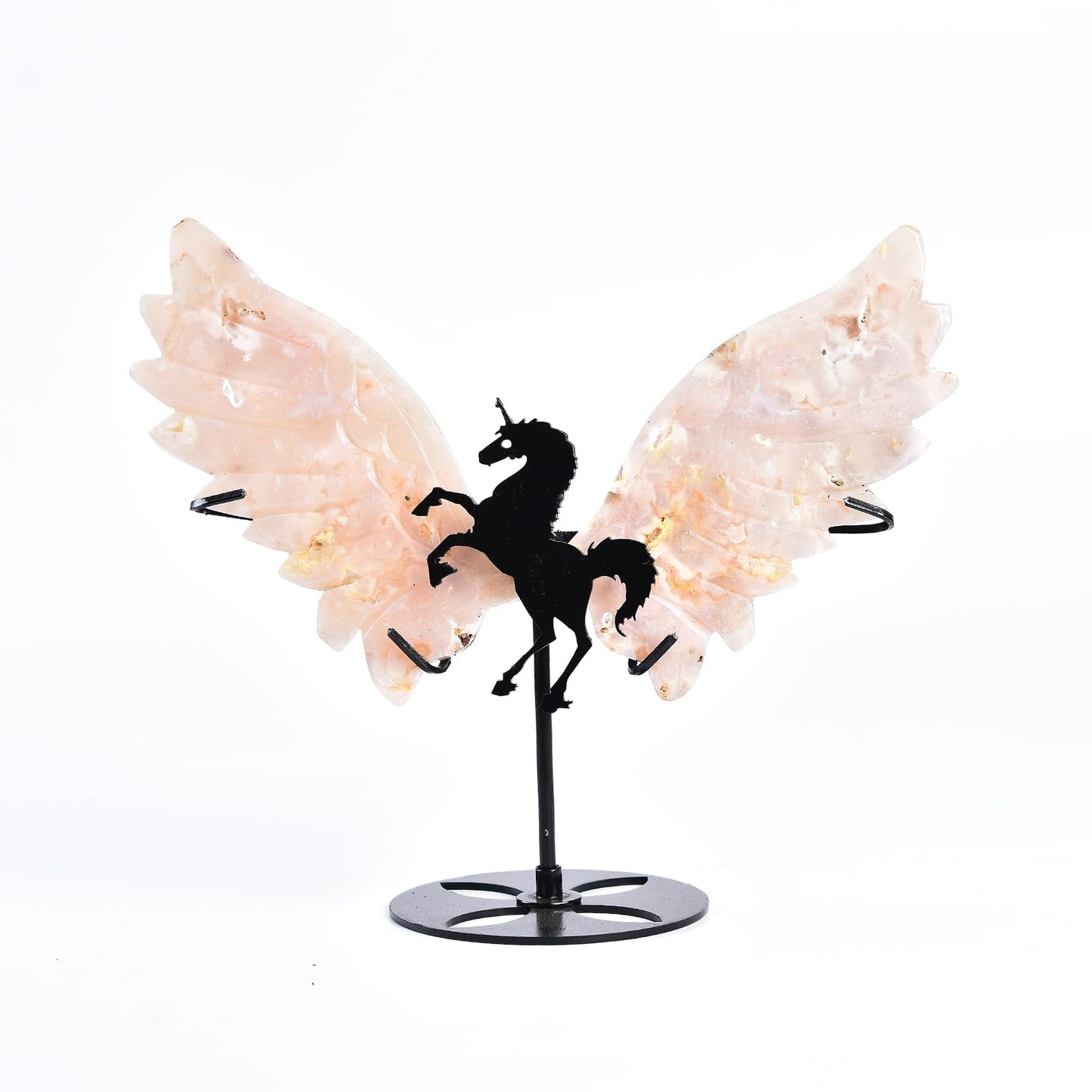 JIC Gem Large Sakura Agate Quartz Crystal Carved Wings with Unicorn Stand Healing Crystal Energy Gemstone Decoration Gifts(1pair)