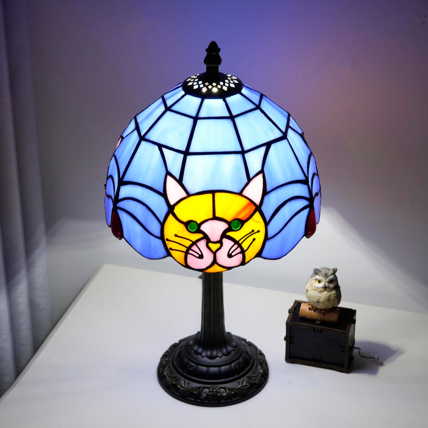 Orange Cat Lamp Tiffany Lamp Blue Stained Glass Table Lamp Cute Small Bedside Nightstand Desk Lamp Warm Light Bedroom Office Living Room Kitchen for Cat Lovers Gift Halloween Christmas Kids Decor LED