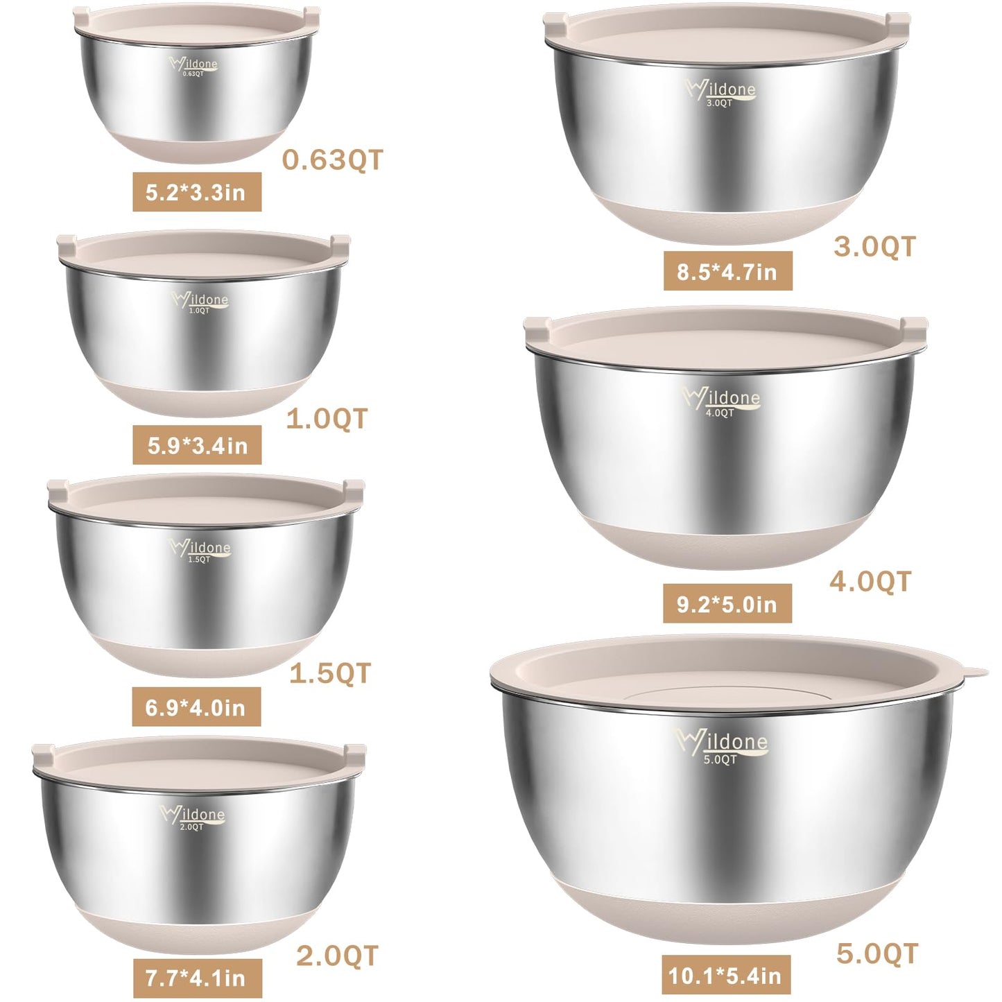 Wildone Mixing Bowls with Airtight Lids, 27 PCS Stainless Steel Nesting Bowls, with 3 Grater Attachments, Scale Mark & Non-Slip Bottom, Size 5, 4, 3, 2, 1.5, 1, 0.63QT, Ideal for Mixing & Prepping