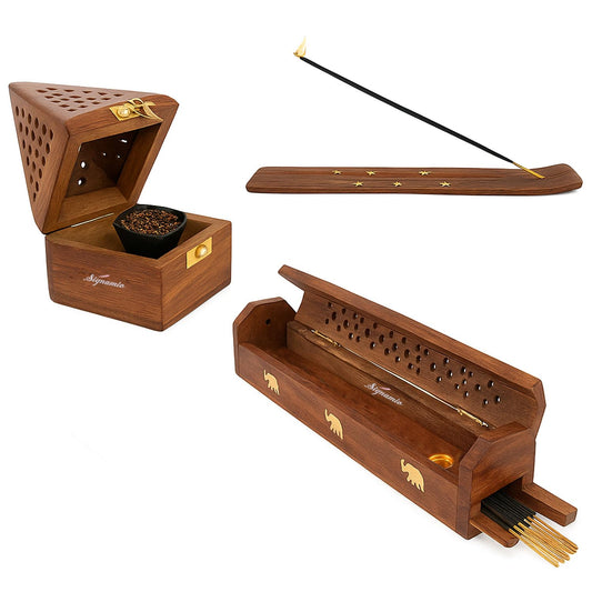 SIGNAMIO® 3 Pcs Premium Wooden Sambrani Dhoop & Incense Stick Agarbatti Holder Set: Agarbatti Stand with Ash Catcher, Pooja Room Decoration Essential, Pooja Thali Accessories, and Mandir Decor Items