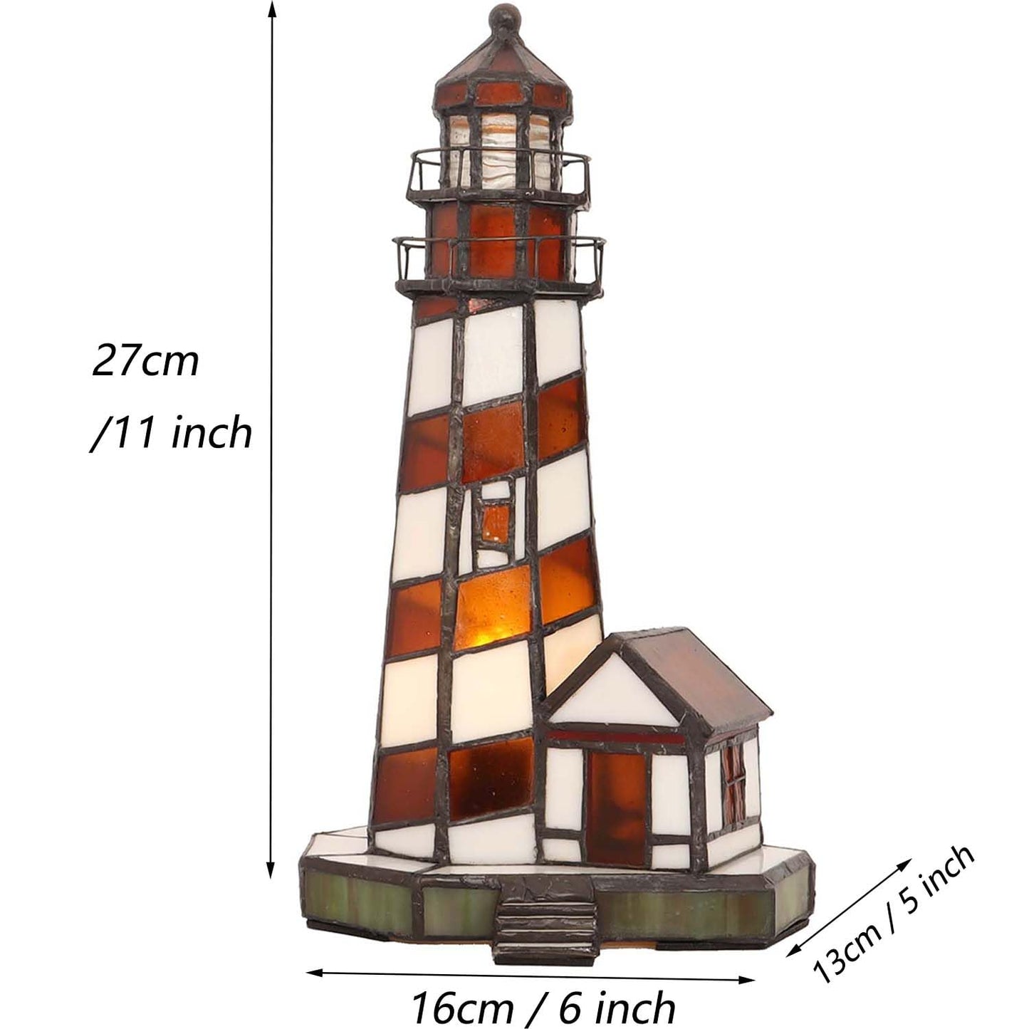 Bieye L10616 Lighthouse Tiffany Style Stained Glass Accent Table Lamp Night Light for Home Decoration (6x5x11, Amber)