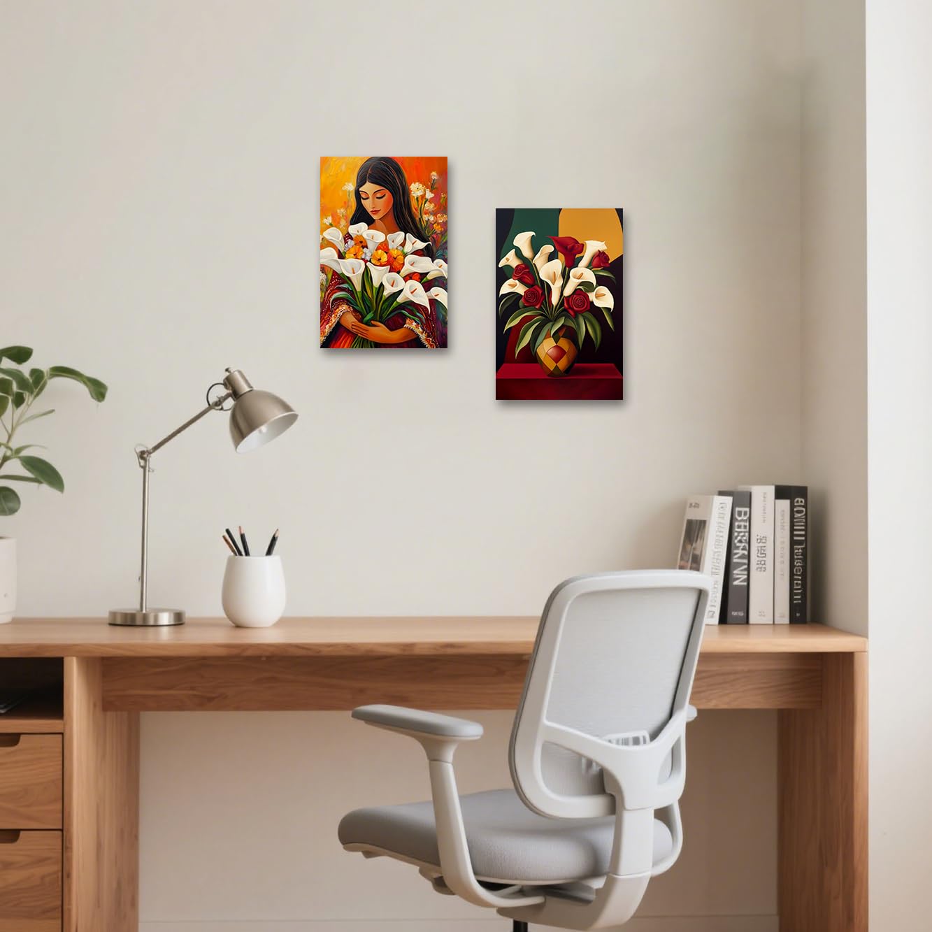 BJYCHG Calla Lily Canvas Wall Art 2 Pieces Calla Lilly Woman Art Prints Vintage Mexican Girl Flower Vase Picture Red and White Floral Painting for Bedroom (Brown, 11x14inchx2 Pieces)