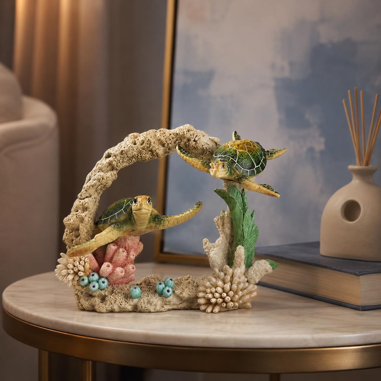 Comfy Hour 9" Sea Turtle Figurine on Coral Reef, Decorative Coastal Sculpture for Home Office Desktop, Artisan Crafted Marine Animal Statue, Ocean Voyage Collection, 1 Unit