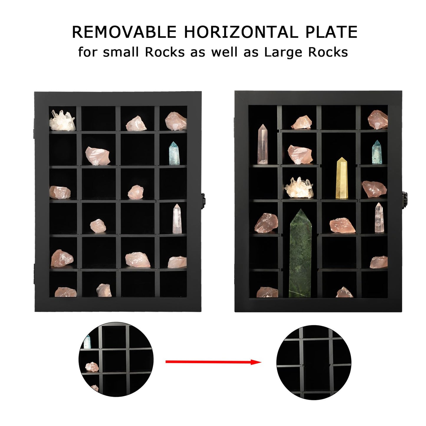 KCRasan Adjustable Rock Display Case - Wooden Crystal Organizer for Stones Storage - Rock Collection Box with Shelves for Agate Opal Crystal Stone Arrowheads Spear Points Rocks Small Black