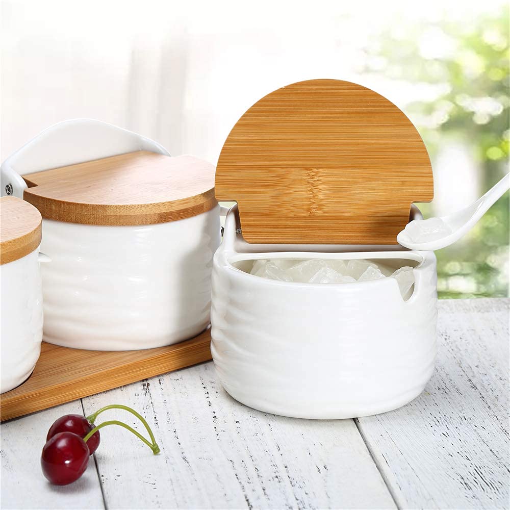 Lucky Goddness Ceramic Sugar Bowl Salt Box with Spoon and Bamboo Flip Top Lid, 9 fl oz Pepper Container Flour Box Holder Earthenware Bowl White for Housewarming Gift