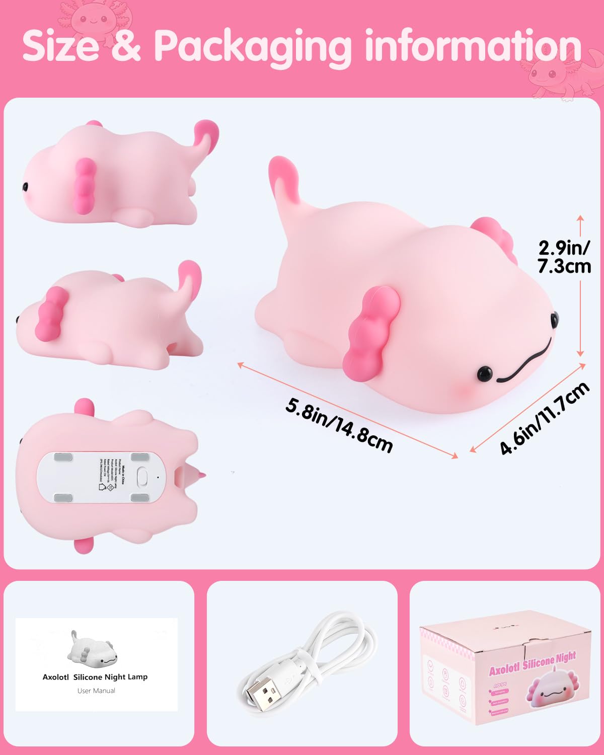 Fuloon Pink Axolotl Night Light, Squishy Silicone Kids Lamp, Safe & Soothing Touch Control for Kids and Babies, USB-C Rechargeable, 30-Min Auto Timer, Gift Idea (Pink Axolotl)