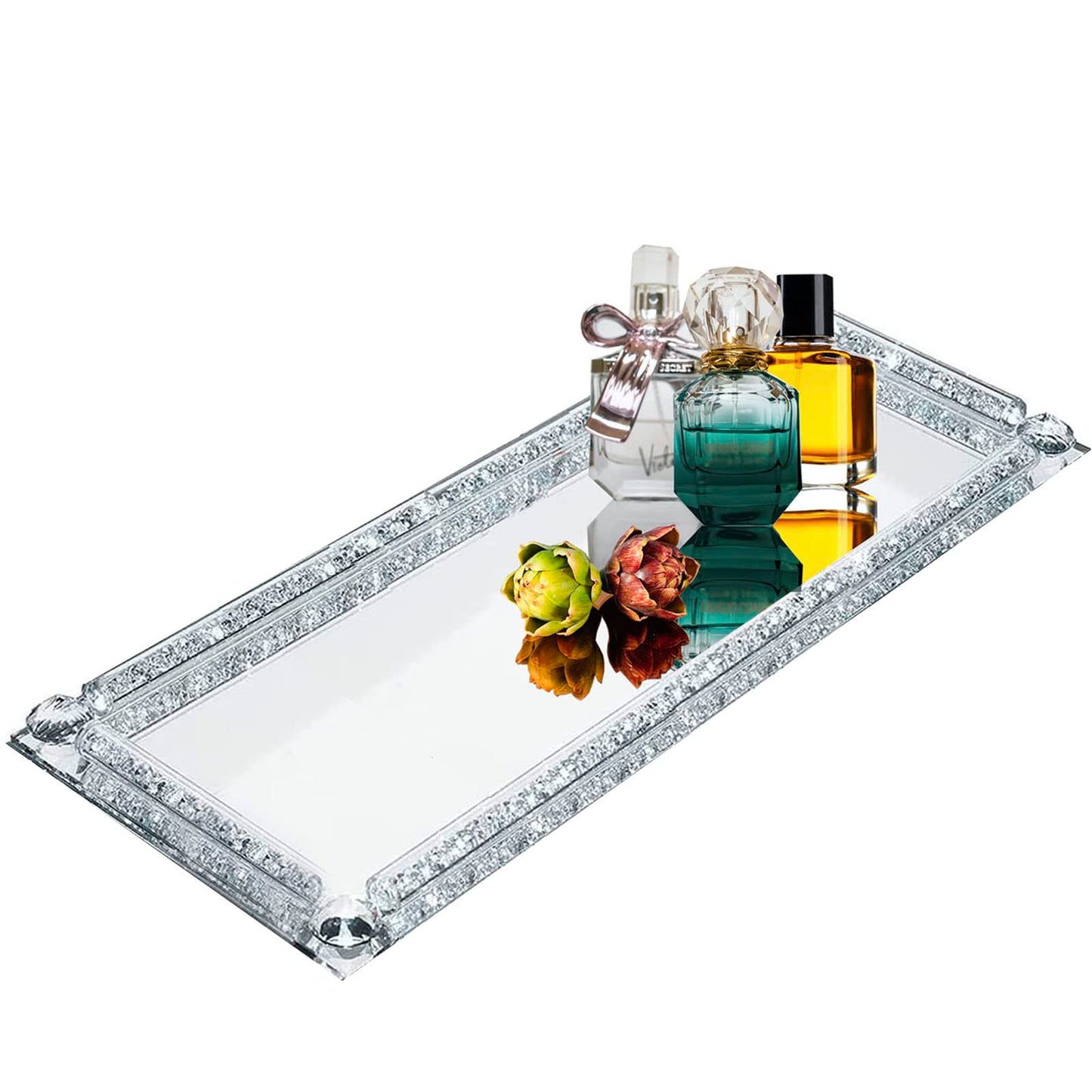 Crystal Glass Serving Tray, Crushed Diamond Filled Modern Glass Mirror Jewelry Trinket Tray, 13.7" x 5.9" Rectangular Makeup Perfume Tray for Bedroom Dresser, Home Decor, Banquet,Party(Silver)