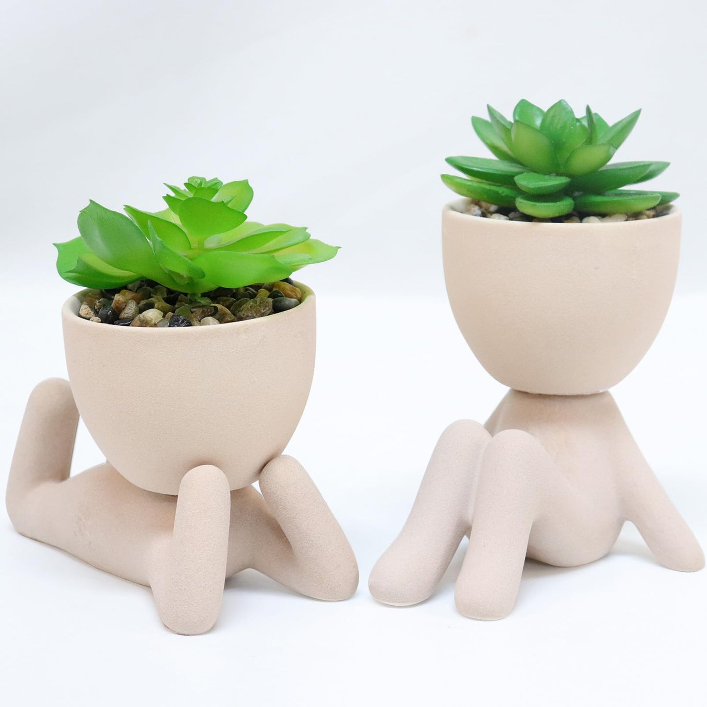 Zerzsy 3pcs Creative Artificial Succulents with Gray Flower Pots Bundle with 2PCS Cute Artificial Succulent Plants with Creative Human Shaped Pots
