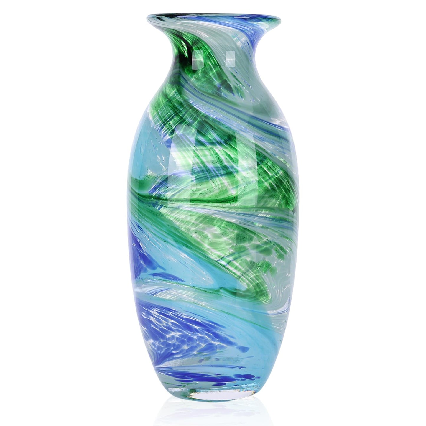 Hand Blown Glass vase, Blue Green Wide Mouth vase, Contemporary Glass Art Suitable for Display on Living Room Dining Tables, in Offices, bathrooms, Coffee Tables and hallways.