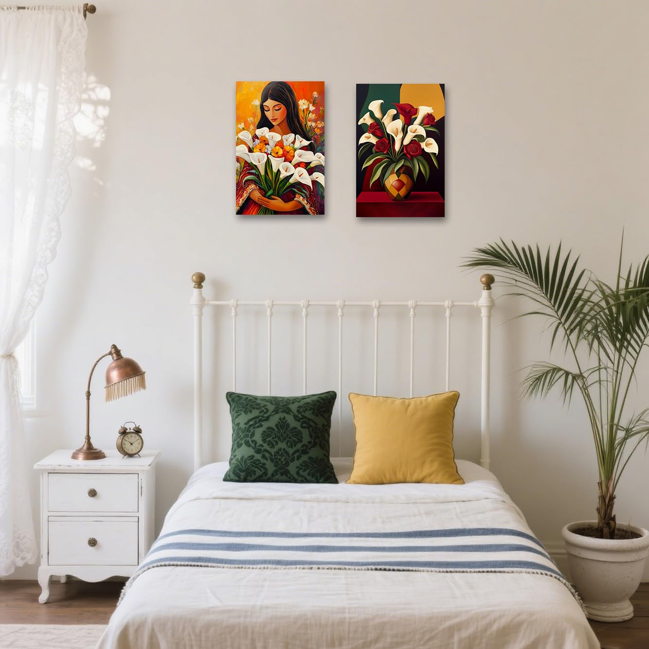 BJYCHG Calla Lily Canvas Wall Art 2 Pieces Calla Lilly Woman Art Prints Vintage Mexican Girl Flower Vase Picture Red and White Floral Painting for Bedroom (Brown, 11x14inchx2 Pieces)
