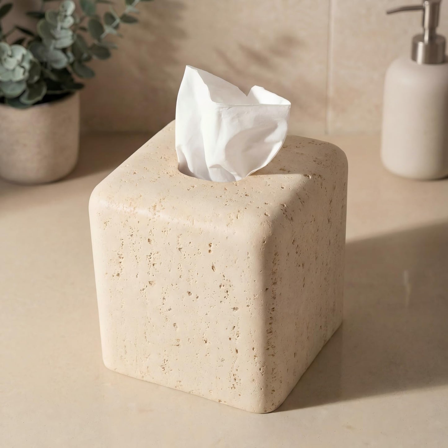 Weighted Travertine Stone Composite Tissue Box Cover Square with Anti-Slip Pads – Artisanal Stone Tissue Holder & Tissue Box Holder for Bathroom, Living Room & Office, Rounded Corners
