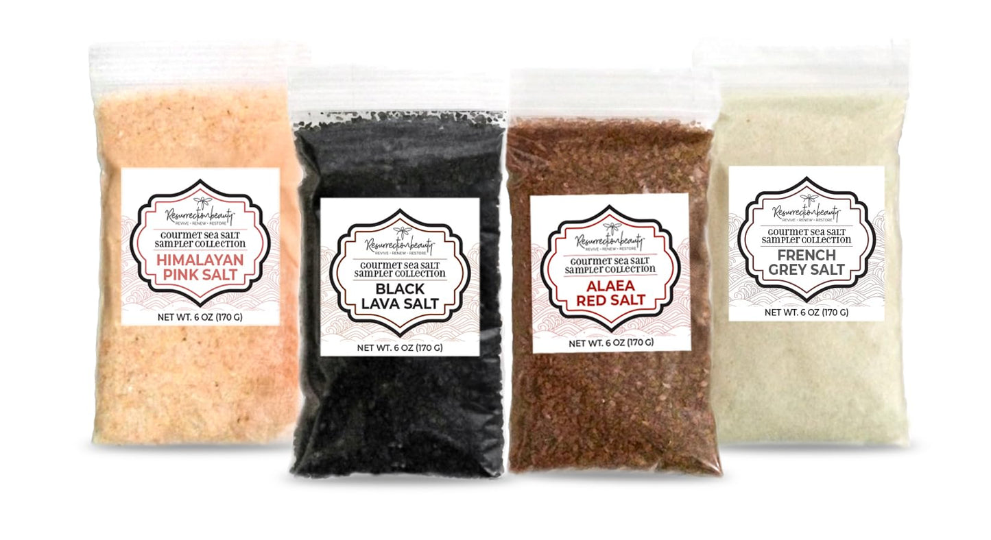 Gourmet Sea Salt Sampler - Multi Pack of Pink Himalayan And French Grey Fine Ground Salts, Hawaiian-Style Red Alaea and Black Lava Coarse Grain Salts - 6 oz. Each - 24 oz Total Multipack