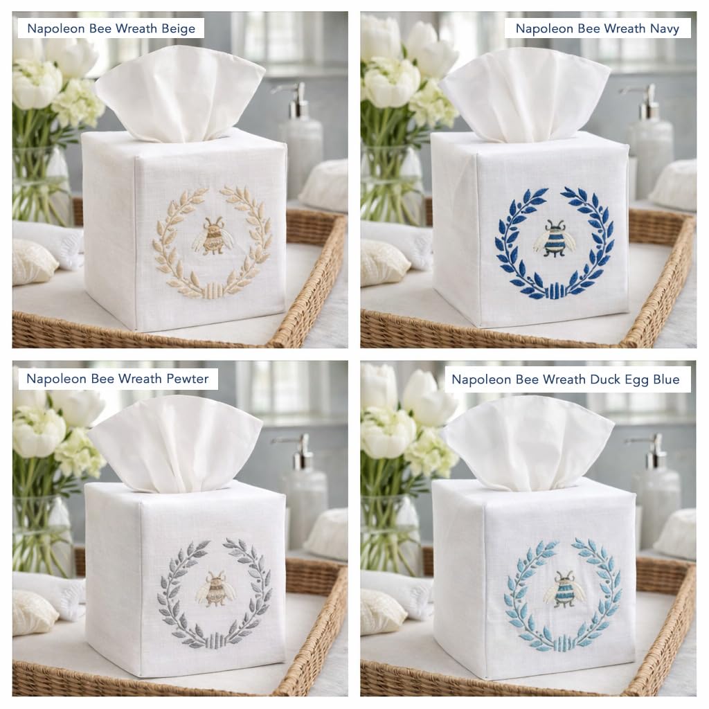Jacaranda Living Square Tissue Box Cover, Linen/Cotton Fabric Tissue Holder, Decorative Cloth Tissue Cube Cover, Embroidered Bee Designs, Napoleon Bee Wreath (White)