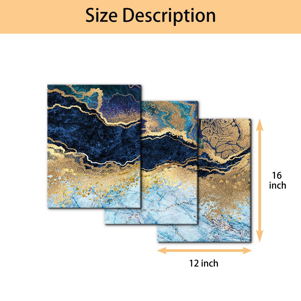 Pacimo Wall Art Set of 3 - Teal Gold Blue and White Marble Landscape Abstract Shapes - Perfect for Modern Home Decor - Ideal Wall Decor for Living Room Bedroom Bathroom and Office (12"x16"x3)