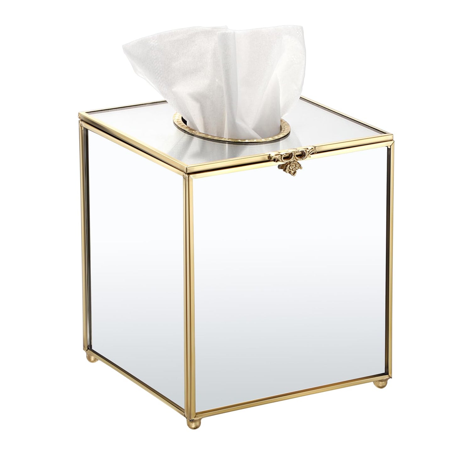 Sumnacon Square Glass Tissue Box Cover with Lid, Mirrored Cube Tissue Box Holder for Bathroom Home Office, Gorgeous Gold Facial Tissue Dispenser for Dresser Vanity Countertop Night Stand