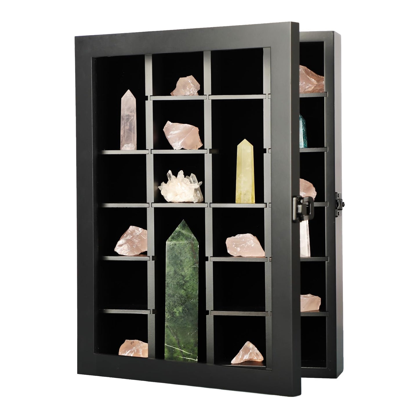 KCRasan Adjustable Rock Display Case - Wooden Crystal Organizer for Stones Storage - Rock Collection Box with Shelves for Agate Opal Crystal Stone Arrowheads Spear Points Rocks Small Black