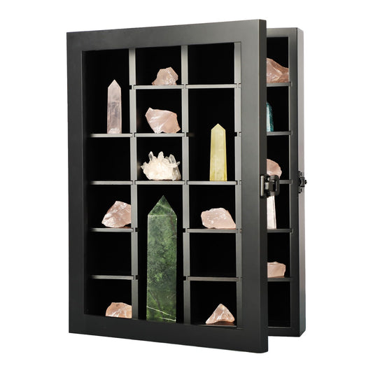 KCRasan Adjustable Rock Display Case - Wooden Crystal Organizer for Stones Storage - Rock Collection Box with Shelves for Agate Opal Crystal Stone Arrowheads Spear Points Rocks Small Black
