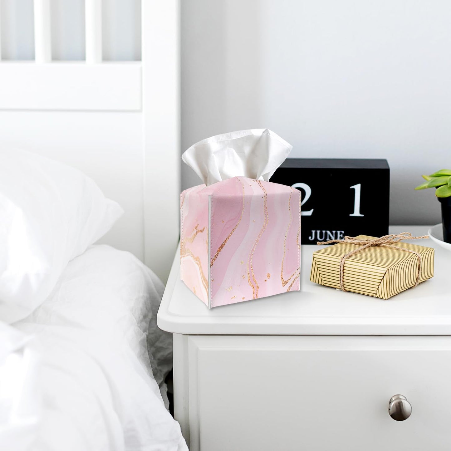 Tissue Box Cover Holder - Pink Gold Marble PU Leather Tissue Box Cover with Bottom Belt, Stylish Square Facial Paper Dispenser for Tabletop, Bathroom, Kitchen, Car & Office -036