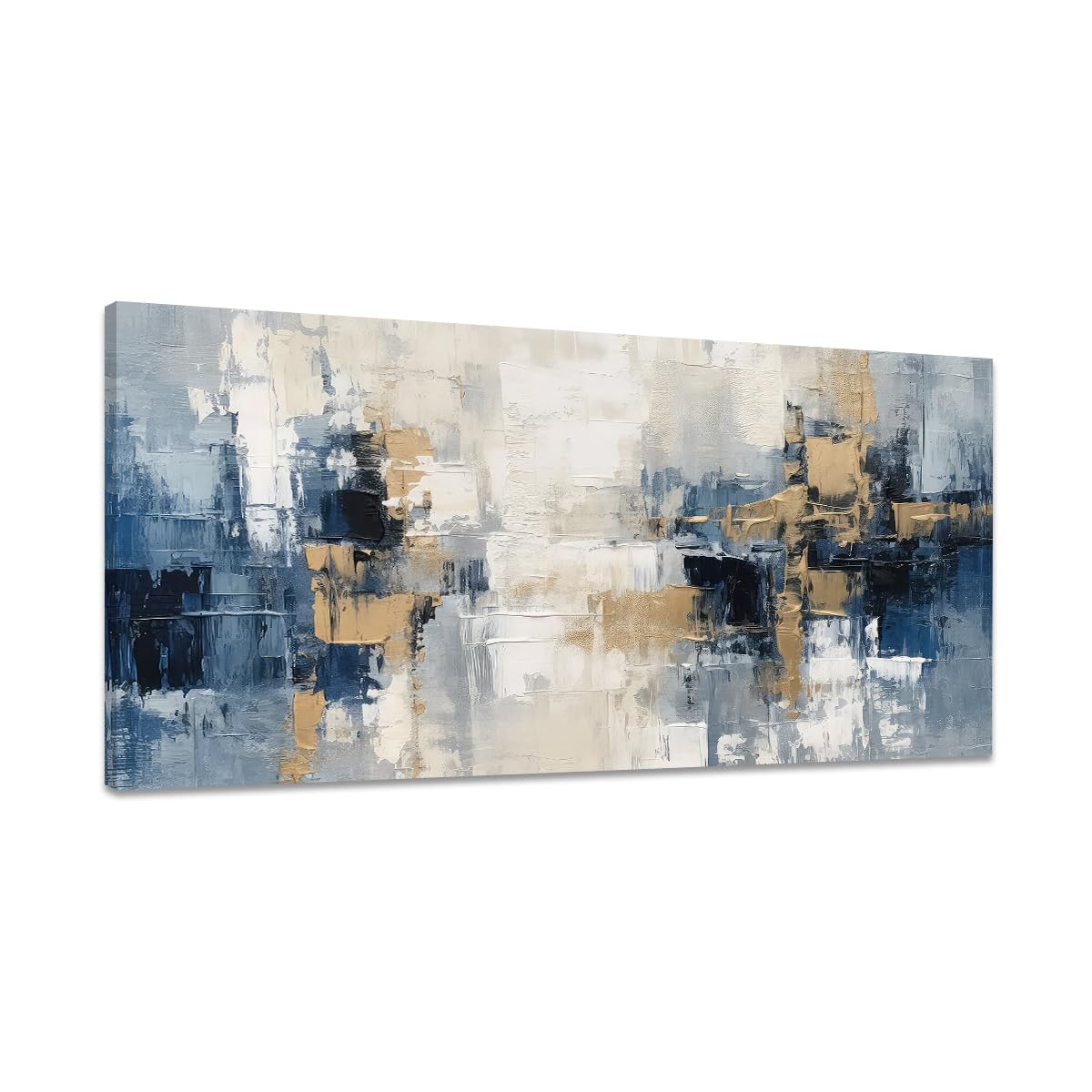 Blue and Gold Abstract Canvas Print Painting Indigo Modern Wall Art for Living Room Bedroom Home Office Decor