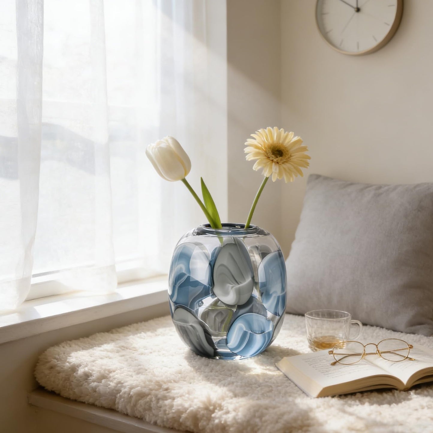oliruim 8.4" H - Hand Blown Blue Glass Vase, Wide Mouth Round Vase for Flowers, Beautiful Modern Coastal Decor for Home Living Room Bedroom Tabletop Centerpiece (Small)