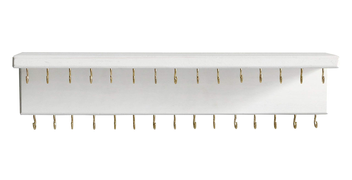 SANY DAYO HOME Jewelry Organizer with 30 Hooks and Cosmetics Shelf, 15 x 3 x 4 inches Wall Mounted Rustic Pine Wood Holder for Necklaces and Bracelets, Suitable for Kids and Adults (Retro White)