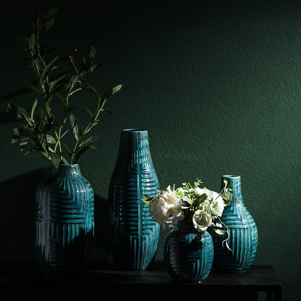 hjn Teal Hand-Glazed Ceramic Vase - 13.8" H Modern Decorative Centerpiece Vase for Fresh/Dried Flowers, Home Decor for Living Room Bookshelf Mantel | Wedding Housewarming Gift