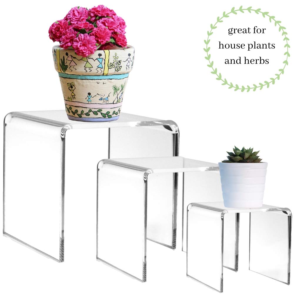 Clear Acrylic Display Risers Set of 3, Assorted 4 5 6 Inch Retail Pedestals, Transparent Tabletop Stands for Jewelry, Figurines, Crafts, Collectibles, Store Fixtures, Dessert Table and Product Displays