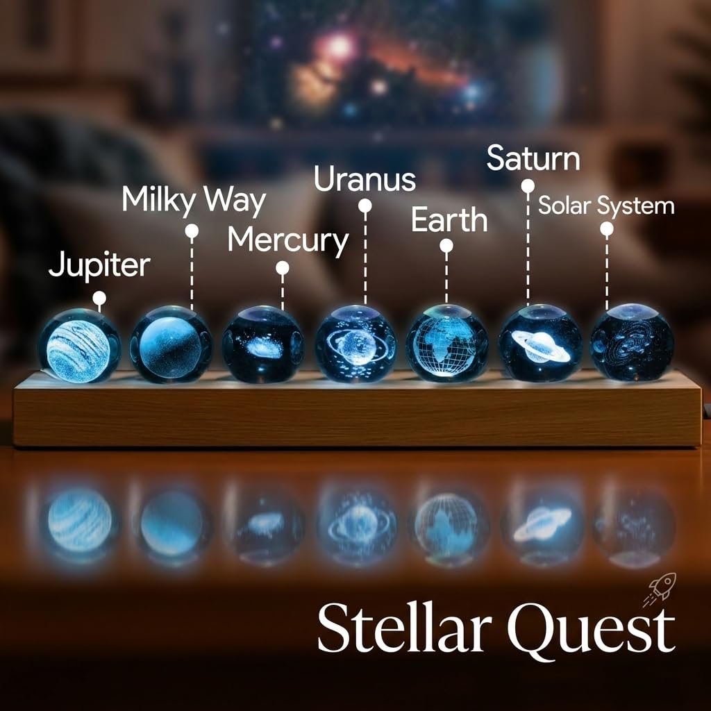 NoelWink 7 Pcs Planet Crystal Ball Night Light Lamp with LED Wooden Base, Astronomy Gifts,3D Galaxy Moon Saturn Crystal Ball Nightlight for Meditation Positive Energy Decoration Balls Set for Home