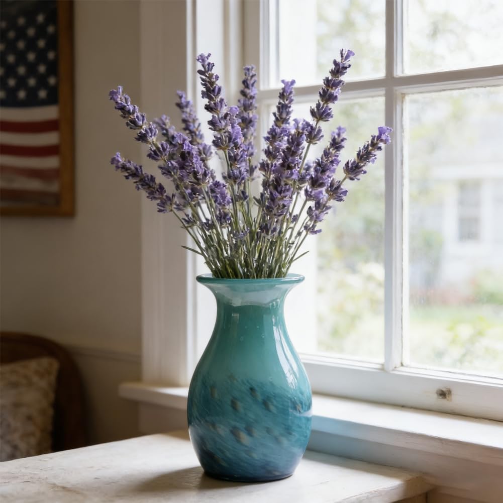 Teal Glass Vase – 11.4in Hand Blown Wide Mouth Art Glass Vase – Turquoise Decorative Vase for Flowers, Centerpieces, Bookshelf, Bathroom, Dining Table or Living Room Display