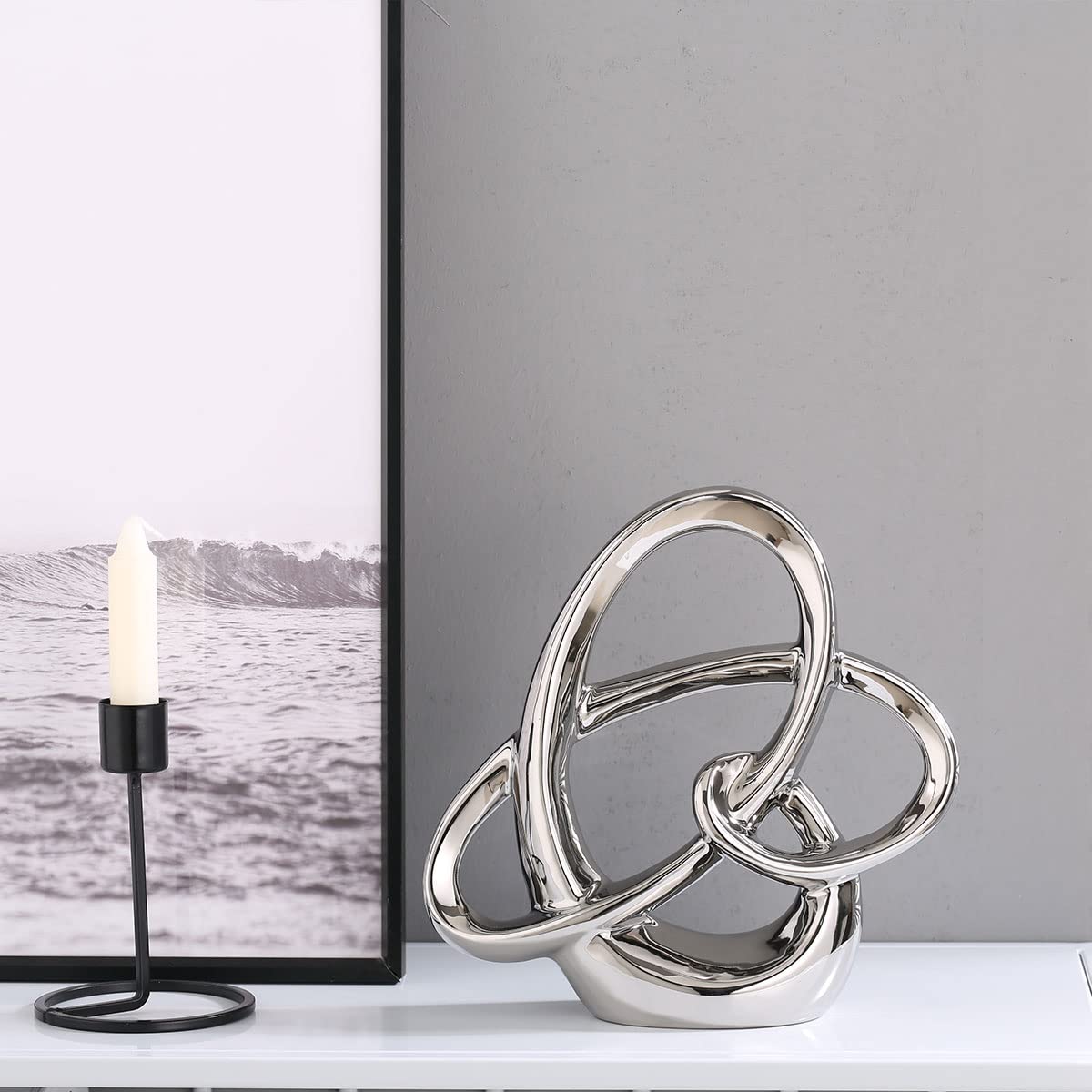 Modern Silver Decor Ceramic Statue - Abstract Home Accent & Tabletop Figurine for Living Room, Bedroom, Bathroom, Office, Shelf, Mantel - Wedding, Coffee Table, Dining Room Centerpiece Decoration