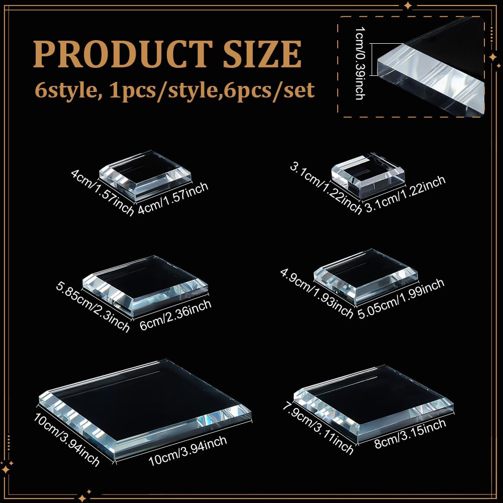 PH PandaHall 6 Pack Clear Crystal Glass Display Base, 6 Size Square Flat Glass Display Stand Blocks Cube Polished Riser Pedestal Stand for Figurines Collection Jewelry Crafts 1.2/1.6/2/2.4/3/4 inches