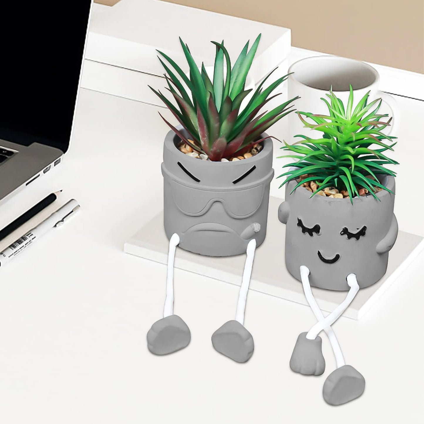 Zerzsy 3pcs Creative Artificial Succulents with Gray Flower Pots Bundle with 2PCS Cute Artificial Succulent Plants with Creative Human Shaped Pots