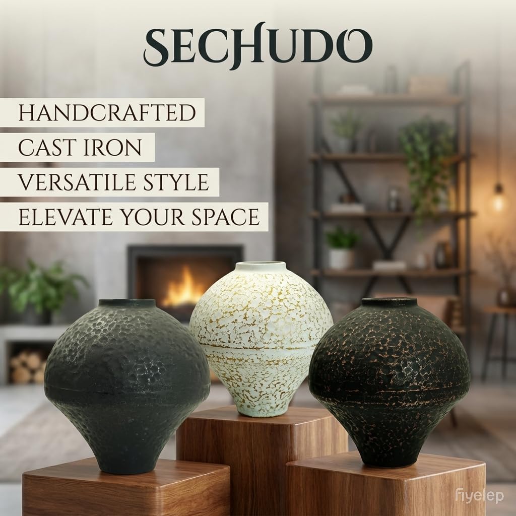 SECHUDO Unique Handmade Cast Iron Vase for Dried Flowers or Pampas Grass, Heavy and Durable Wabi Sabi Vases, Matte Black Vase for Modern, Rustic and Farmhouse Decor (Matte Black, 7" W×7" H)